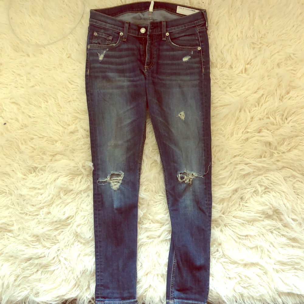 Rag & Bone distressed dark wash ankle jeans, 27